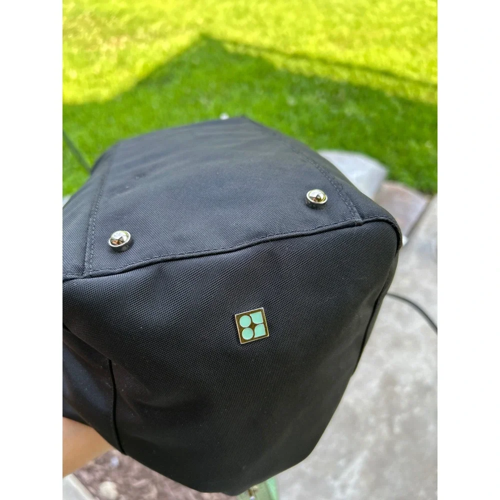 Kate Spade Drawstring Shoulder or Tote Bag Black Green Trim Nylon Like New!